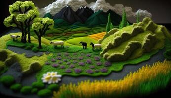 , cute farm landscape made of crochet with trees, river, green grass. Dreamy agricultural scene made of wool materials, fabric, yarn, sewing for background photo