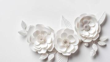 , Paper cut craft flowers and leaves, white color, floral origami textured background, spring mood. Photorealistic effect. photo