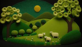 , cute farm landscape made of crochet with trees, river, green grass. Dreamy agricultural scene made of wool materials, fabric, yarn, sewing for background photo