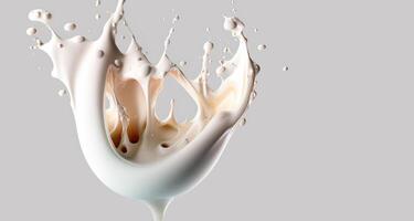 , Flowing liquid with splashes in white color. Glossy cream milk fluid banner, 3D effect, modern macro photorealistic abstract background illustration. photo