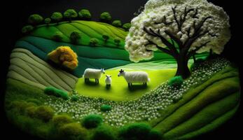 , cute farm landscape made of crochet with trees, river, green grass. Dreamy agricultural scene made of wool materials, fabric, yarn, sewing for background photo