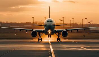 de cerca Disparo de el avión aterrizaje en el pista. generativo ai foto