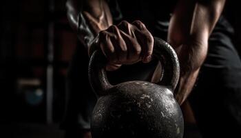 Close-up photo of the athlete doing kettlebell swings with a kettlebell in hand.