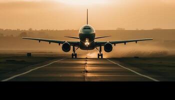 Close-up shot of the plane landing on the runway. photo