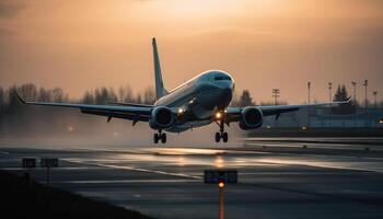 de cerca Disparo de el avión aterrizaje en el pista. generativo ai foto