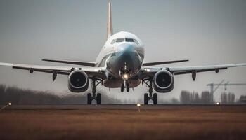 de cerca Disparo de el avión aterrizaje en el pista. generativo ai foto