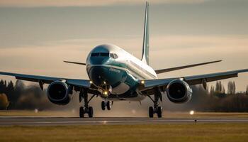 de cerca Disparo de el avión aterrizaje en el pista. generativo ai foto