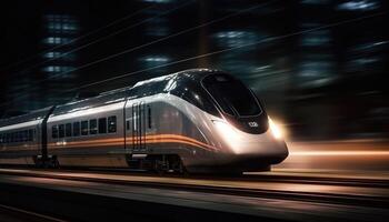 Photo of modern high speed train passing through the city at night.