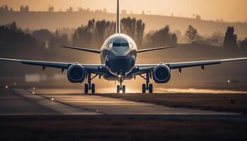 Close-up shot of the plane landing on the runway. photo