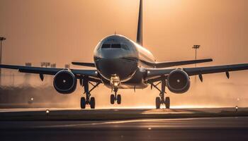 de cerca Disparo de el avión aterrizaje en el pista. generativo ai foto