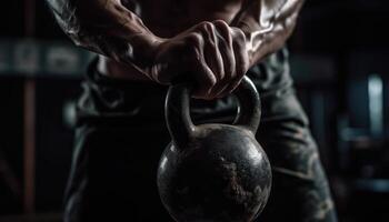 Close-up photo of the athlete doing kettlebell swings with a kettlebell in hand.