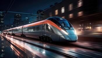 Photo of modern high speed train passing through the city at night.