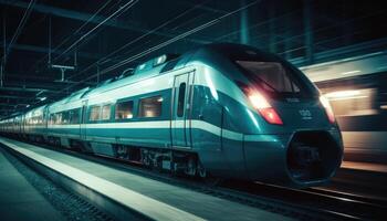 Photo of modern high speed train passing through the city at night.