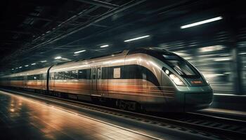 Photo of modern high speed train passing through the city at night.