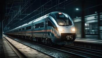 Photo of modern high speed train passing through the city at night.