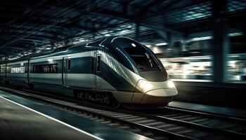 Photo of modern high speed train passing through the city at night.