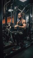 Aphoto of the athlete working out on a bodybuilding machine, photo