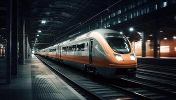 Photo of modern high speed train passing through the city at night.