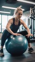 foto de hembra atleta trabajando fuera en pilates pelota. generativo ai