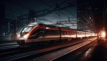 Photo of modern high speed train passing through the city at night.