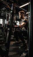 una fotografía de el atleta trabajando fuera en un culturismo máquina, generativo ai foto