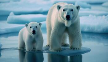 Photograph of a polar bear and its cub, which was left in the middle of the glaciers as the ice melted. photo