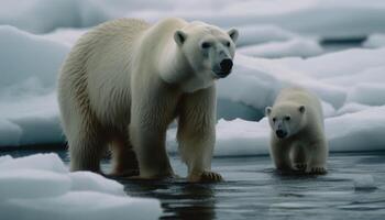 Photograph of a polar bear and its cub, which was left in the middle of the glaciers as the ice melted. photo