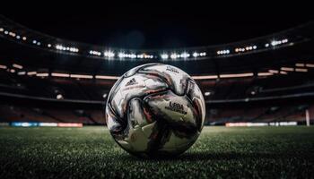 fútbol pelota en pie en el medio de el fútbol campo debajo el noche focos generativo ai foto