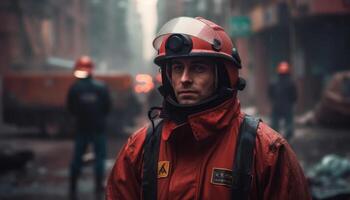 Firefighter standing in a dangerous city. photo