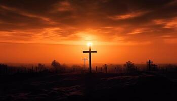 Good friday theme with cross silhouette on golden sunset sky. photo