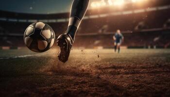 Foot of football player hitting soccer ball fast in stadium. Generative AI photo