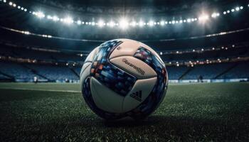 Soccer ball standing in the middle of the soccer field under the evening spotlights. photo