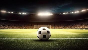 Soccer ball standing in the middle of the soccer field under the evening spotlights. photo