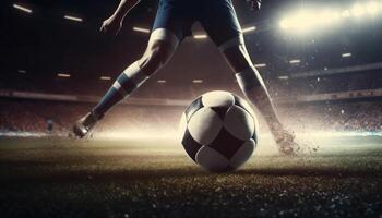 pie de fútbol americano jugador golpear fútbol pelota rápido en estadio. generativo ai foto