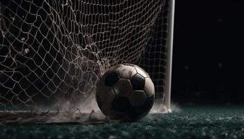 The soccer ball is flying fast, tearing the nets of the goal. photo