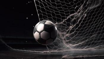 The soccer ball is flying fast, tearing the nets of the goal. photo