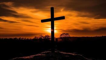 Good friday theme with cross silhouette on golden sunset sky. photo