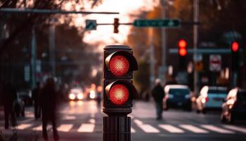 ciudad peatonal cruce con un rojo luz, desenfocado y borroso calle antecedentes. generativo ai foto
