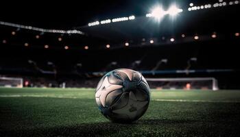 fútbol pelota en pie en el medio de el fútbol campo debajo el noche focos generativo ai foto