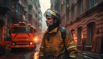 Firefighter standing in a dangerous city. photo