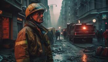 bombero en pie en un peligroso ciudad. generativo ai foto