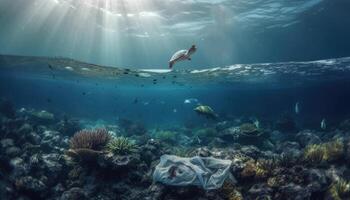 Under the ocean, a photo with garbage, caretta caretta and fish. Environmental pollution concept.