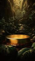 Golden podium in tropical jungle for product promotion and presentation. photo