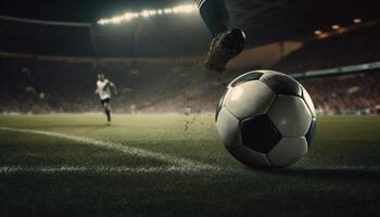 Foot of football player hitting soccer ball fast in stadium. photo