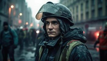 Firefighter standing in a dangerous city. photo