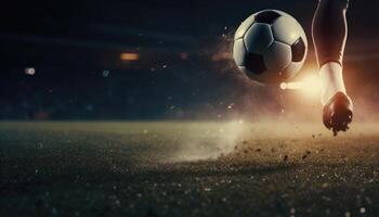 pie de fútbol americano jugador golpear fútbol pelota rápido en estadio. generativo ai foto