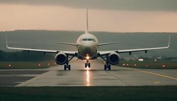 de cerca Disparo de el avión aterrizaje en el pista. generativo ai foto