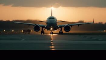 de cerca Disparo de el avión aterrizaje en el pista. generativo ai foto