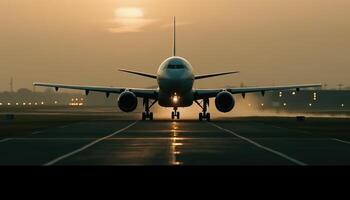 Close-up shot of the plane landing on the runway. photo