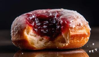 A cross-sectional photo of the jelly-filled version of the donut.